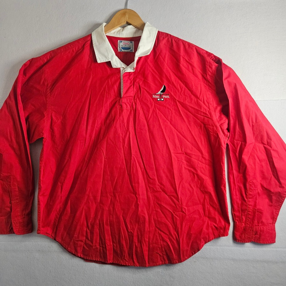 Eden Park Mens XXL Red Cotton Rugby Shirt White Collar Sailboat Logo Long Sleeve